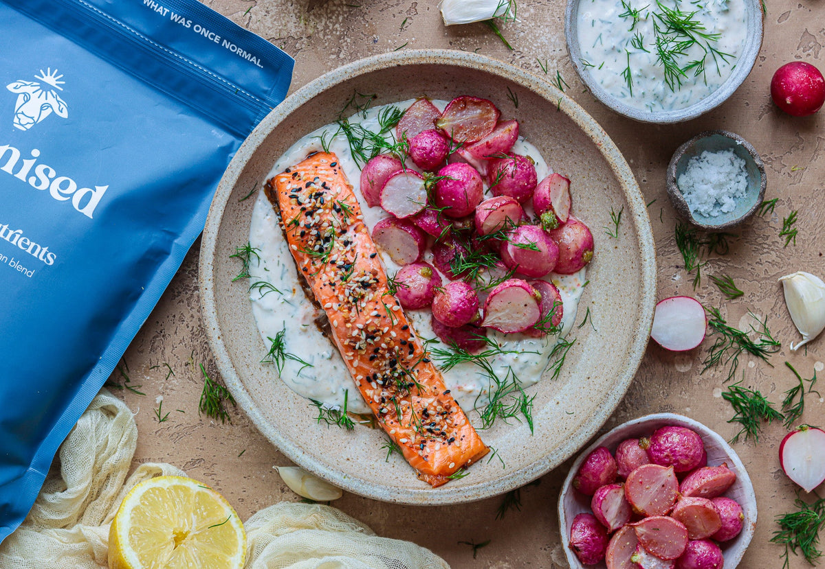 Wild Salmon, Roasted Radishes & Herby Yogurt Bowl